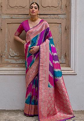 Pink Leheriya Print Banarasi Silk Saree Set