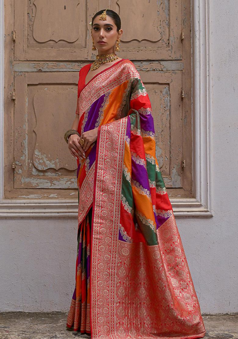 Red Leheriya Print Banarasi Silk Saree Set