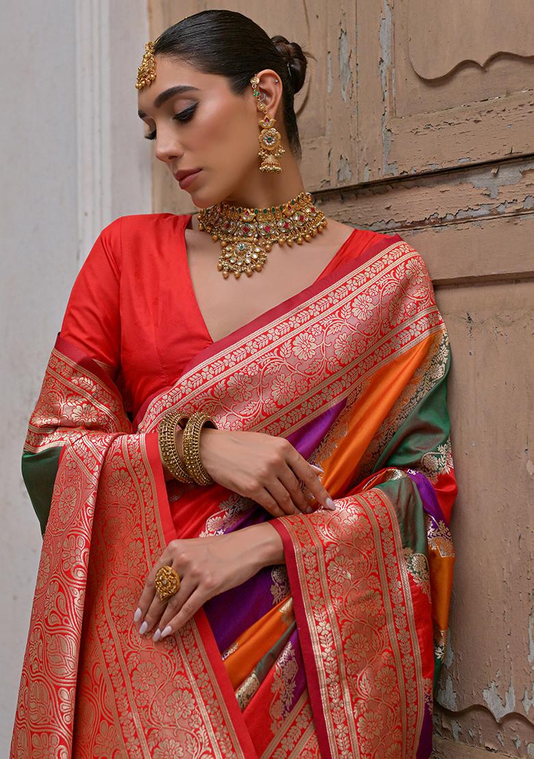 Red Leheriya Print Banarasi Silk Saree Set