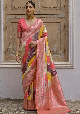 Yellow Leheriya Print Banarasi Silk Saree Set