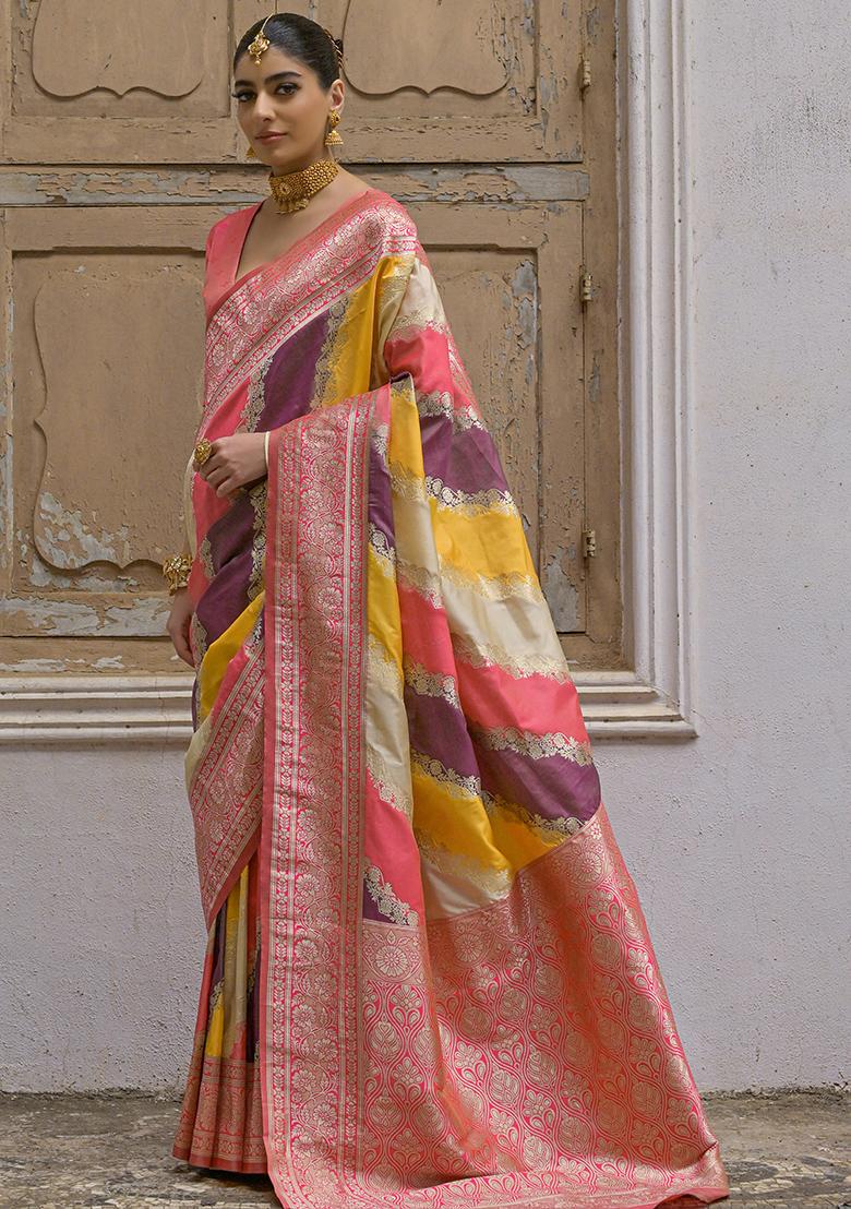 Yellow Leheriya Print Banarasi Silk Saree Set