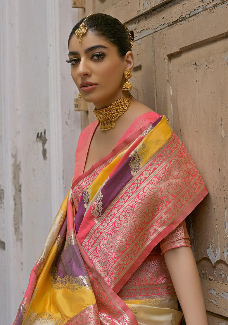 Yellow Leheriya Print Banarasi Silk Saree Set