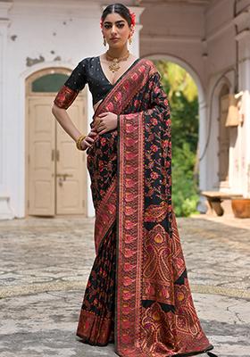 Black Floral Embroidered Silk Saree Set