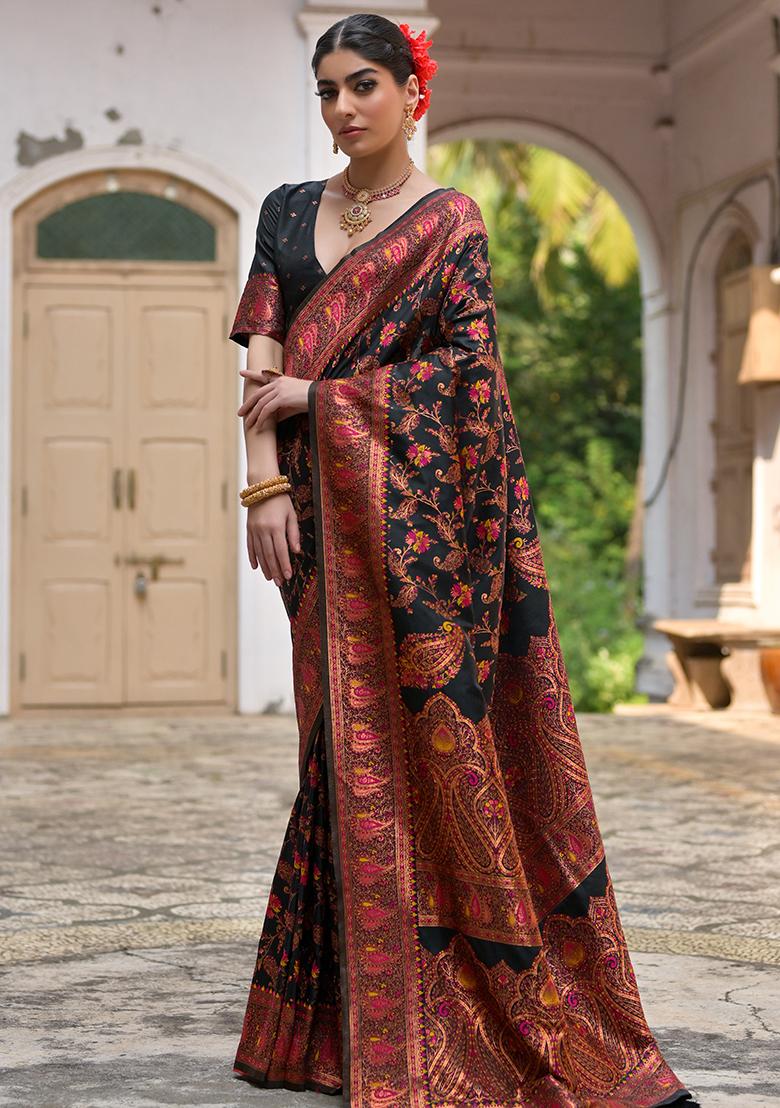 Black Floral Embroidered Silk Saree Set
