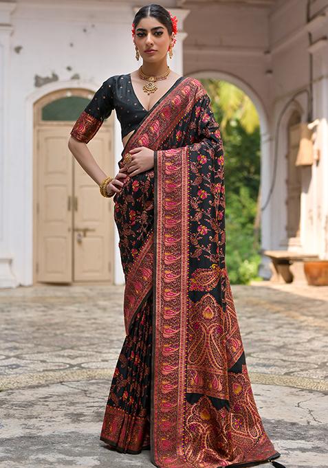 Black Floral Embroidered Silk Saree Set