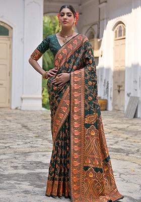 Bottle Green Floral Embroidered Silk Saree Set