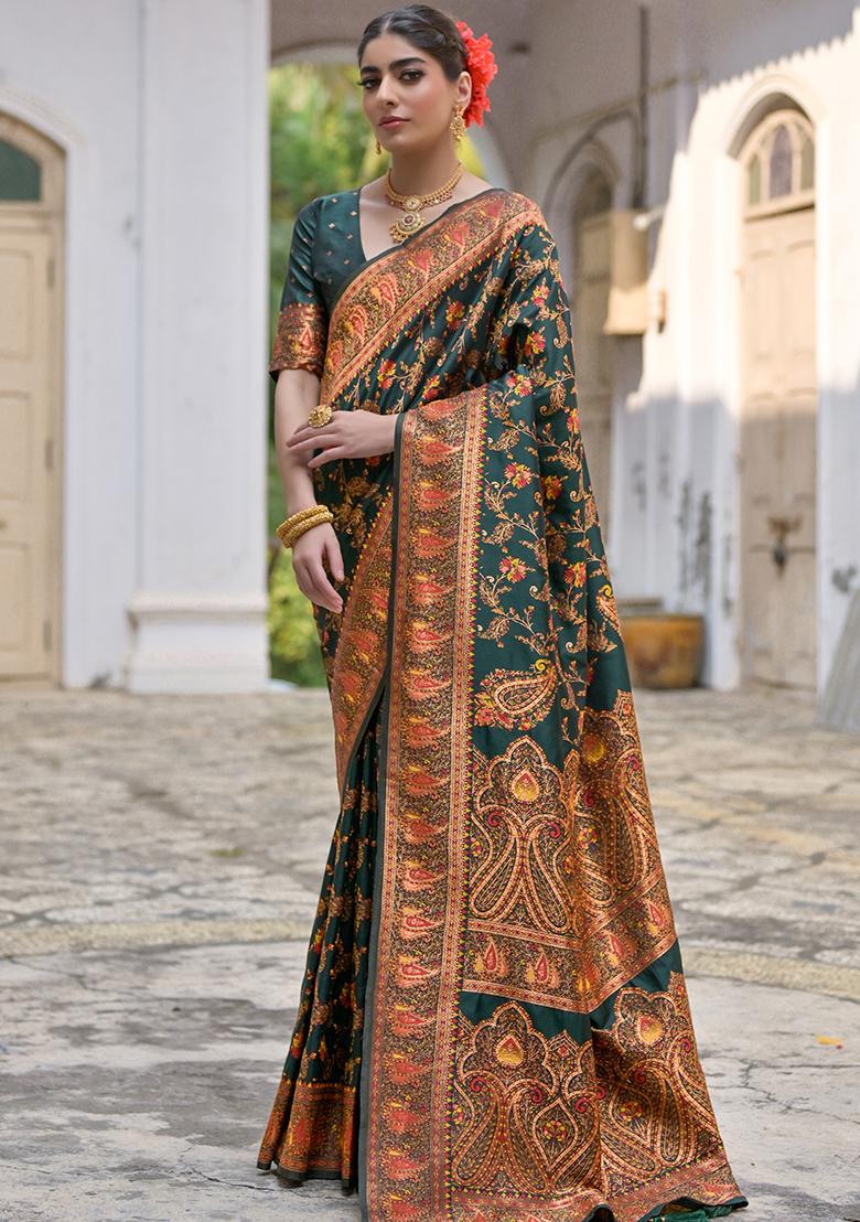 Bottle Green Floral Embroidered Silk Saree Set