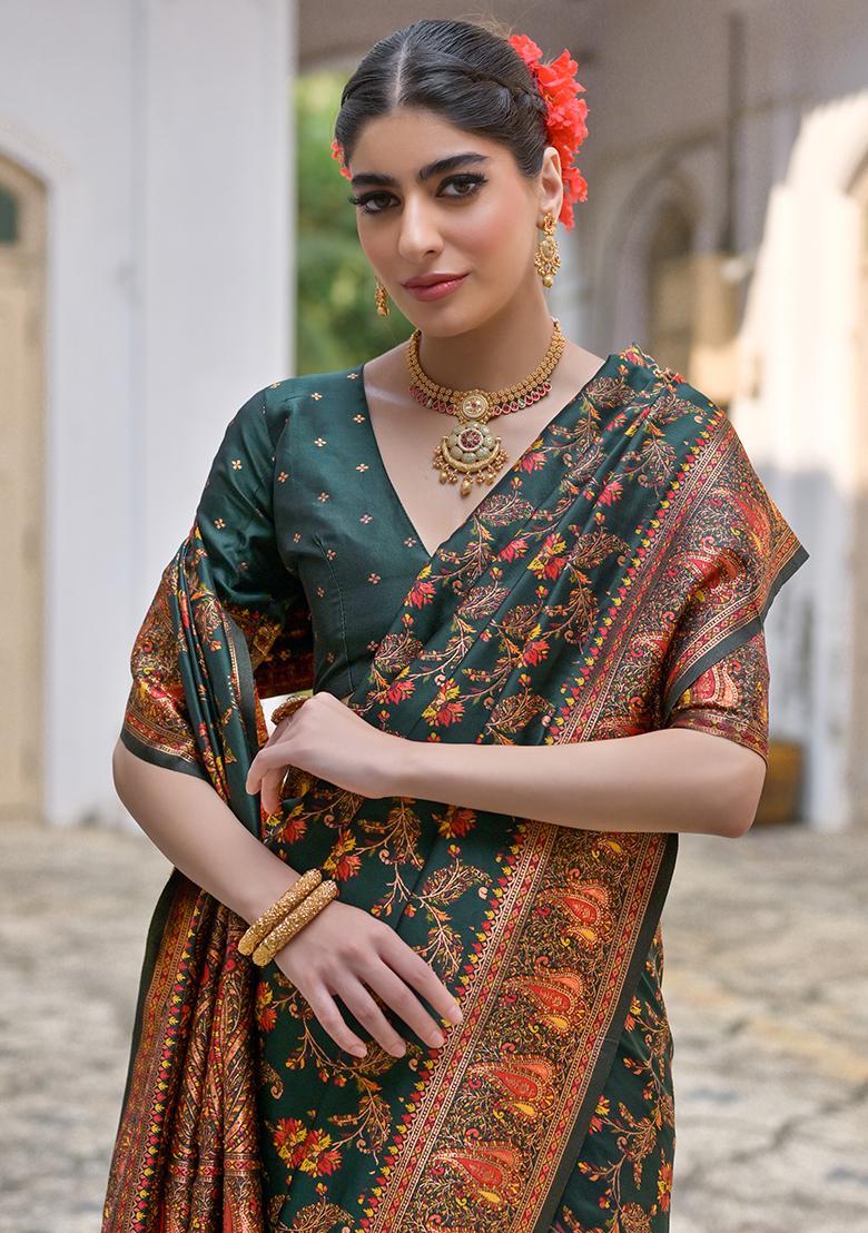 Bottle Green Floral Embroidered Silk Saree Set