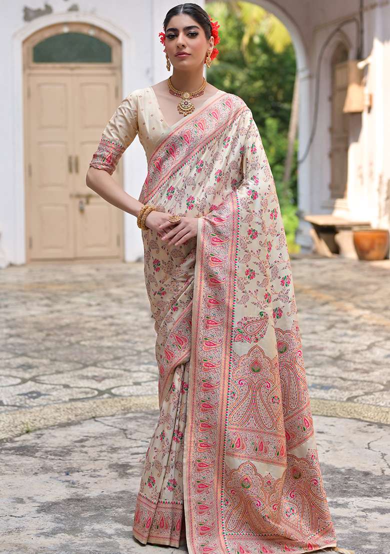 White Floral Embroidered Silk Saree Set - Indya