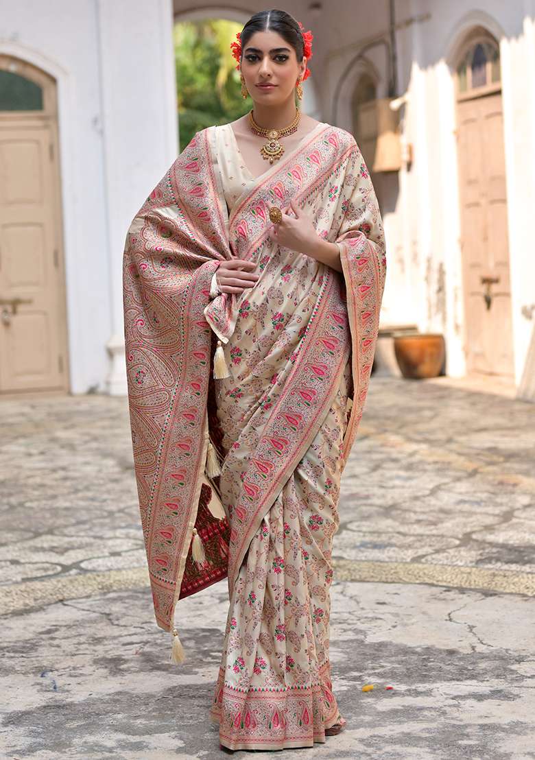 White Floral Embroidered Silk Saree Set - Indya