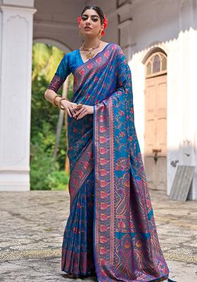 Firozi Blue Floral Embroidered Silk Saree Set