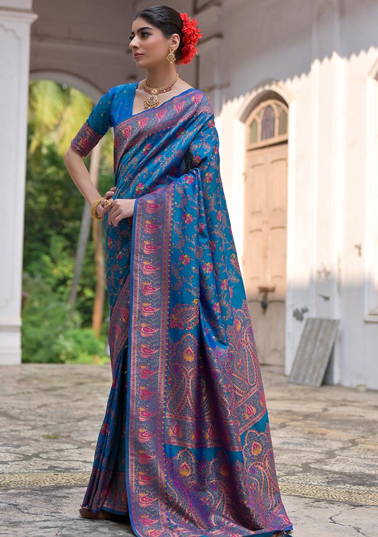 Firozi Blue Floral Embroidered Silk Saree Set