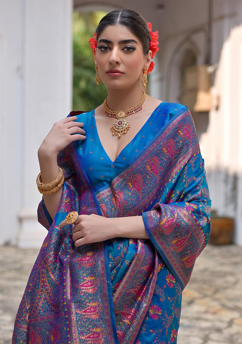 Firozi Blue Floral Embroidered Silk Saree Set