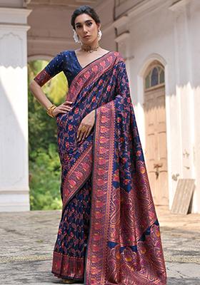 Navy Blue Floral Embroidered Silk Saree Set