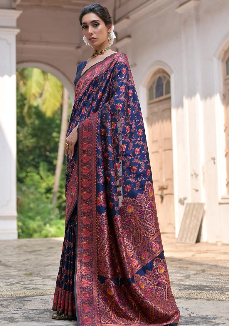 Navy Blue Floral Embroidered Silk Saree Set