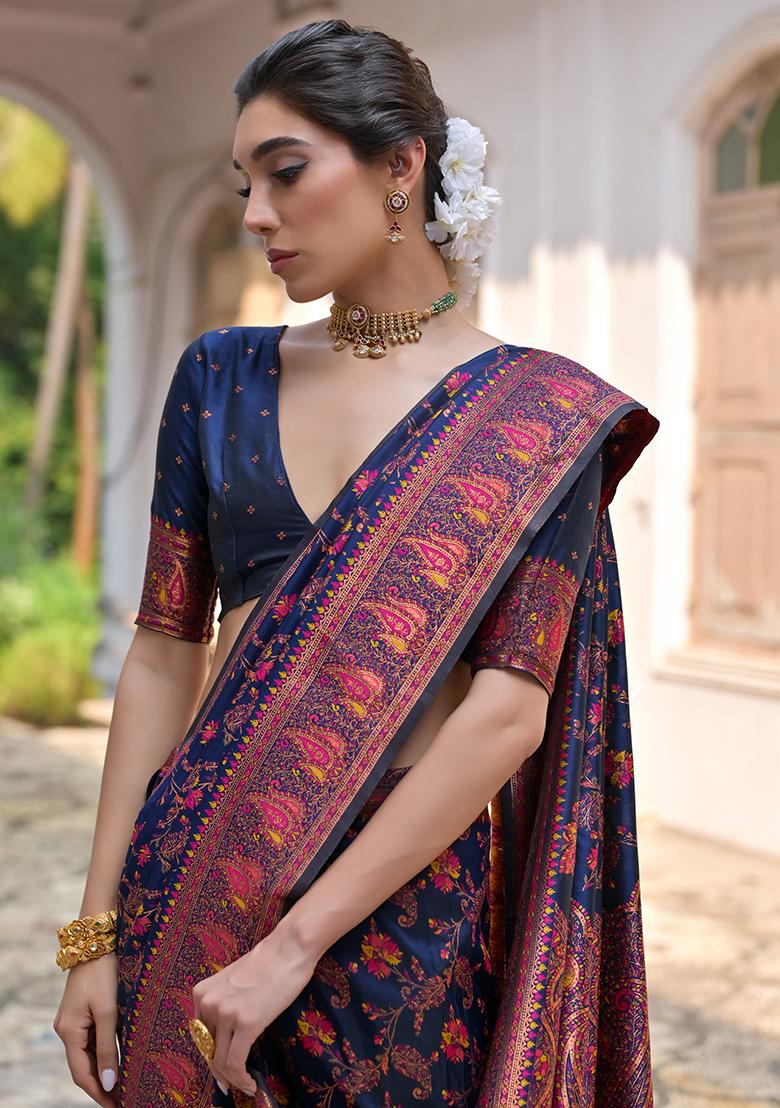Navy Blue Floral Embroidered Silk Saree Set