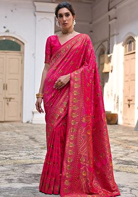 Pink Floral Embroidered Silk Saree Set