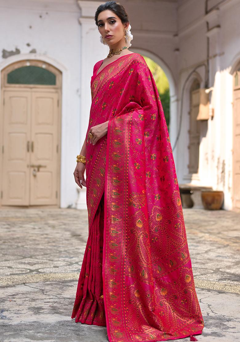 Pink Floral Embroidered Silk Saree Set