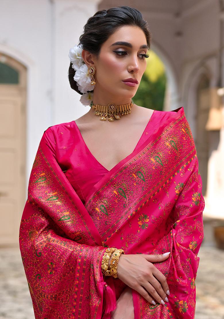 Pink Floral Embroidered Silk Saree Set