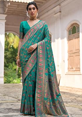 Rama Blue Floral Embroidered Silk Saree Set