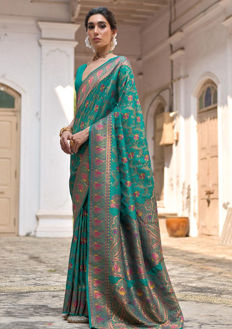 Rama Blue Floral Embroidered Silk Saree Set