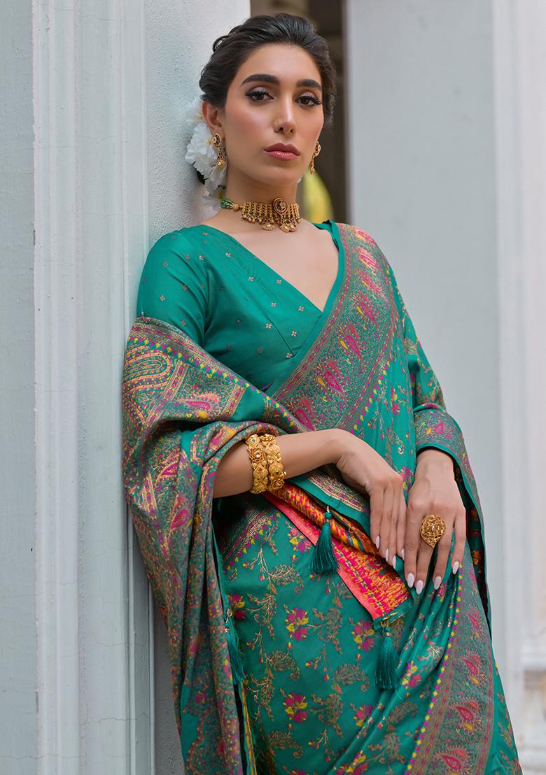 Rama Blue Floral Embroidered Silk Saree Set