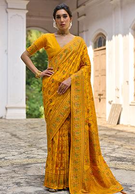 Yellow Floral Embroidered Silk Saree Set