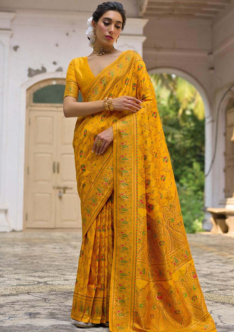 Yellow Floral Embroidered Silk Saree Set