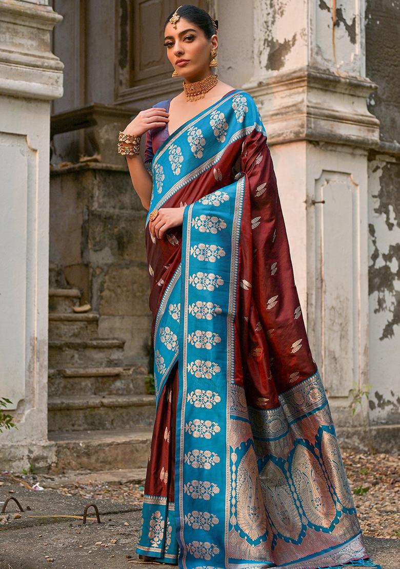 Coffee Brown Zari Embroidered Kanchi Silk Saree Set