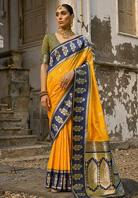 Yellow Zari Embroidered Kanchi Silk Saree Set