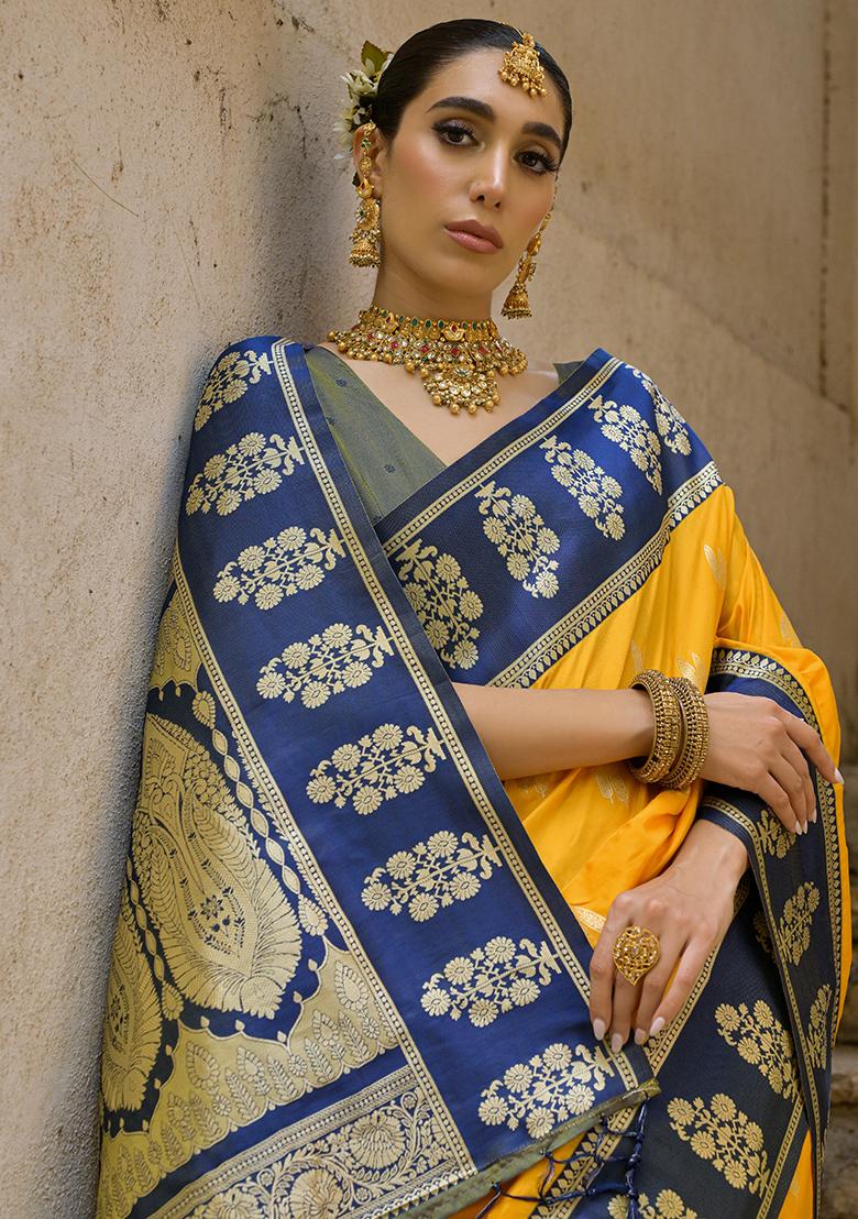 Yellow Zari Embroidered Kanchi Silk Saree Set