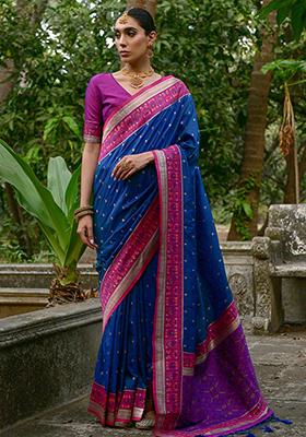 Blue Zari Embroidered Banarasi Silk Saree Set