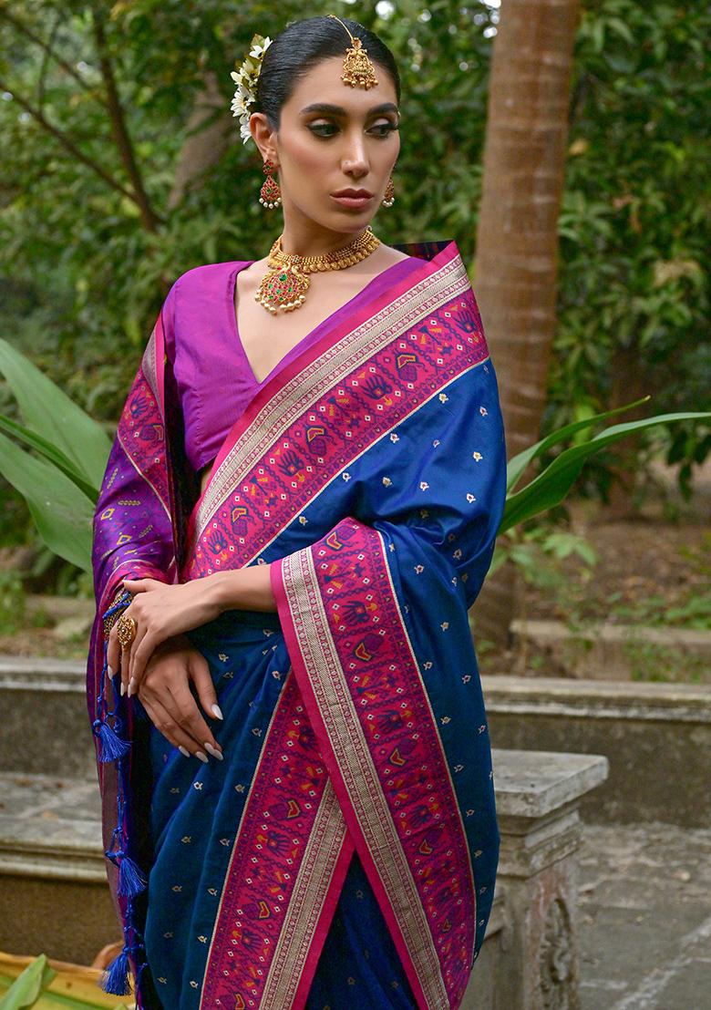 Blue Zari Embroidered Banarasi Silk Saree Set