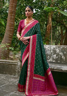 Bottle Green Zari Embroidered Banarasi Silk Saree Set