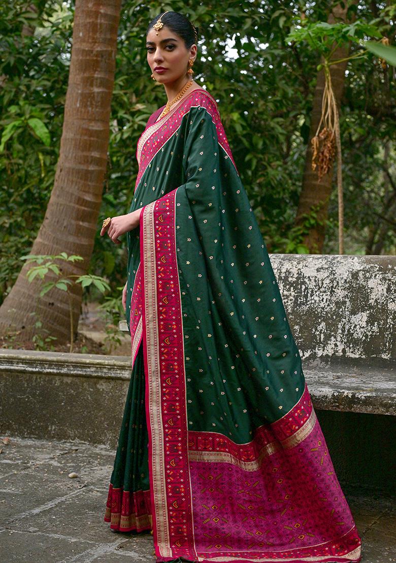 Bottle Green Zari Embroidered Banarasi Silk Saree Set