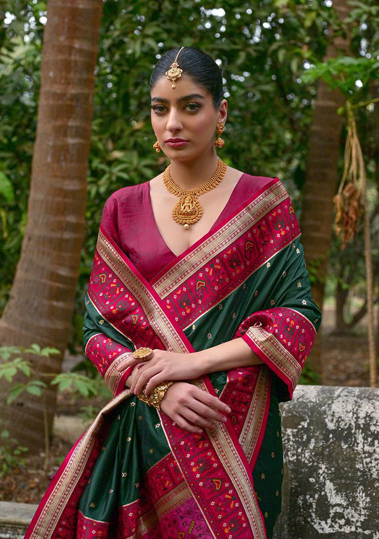 Bottle Green Zari Embroidered Banarasi Silk Saree Set