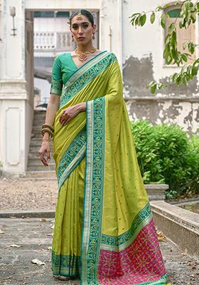 Mehendi Green Zari Embroidered Banarasi Silk Saree Set