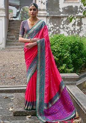 Pink Zari Embroidered Banarasi Silk Saree Set
