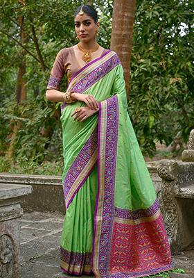 Pista Green Zari Embroidered Banarasi Silk Saree Set