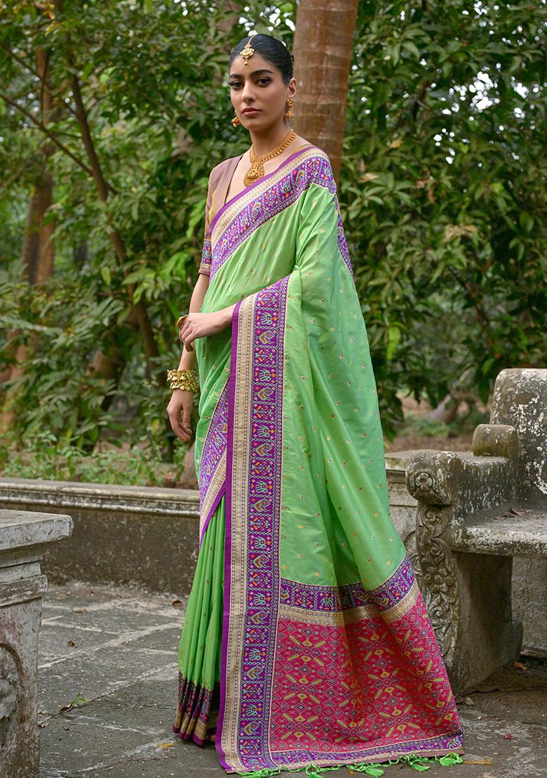 Pista Green Zari Embroidered Banarasi Silk Saree Set