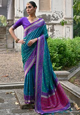 Rama Blue Zari Embroidered Banarasi Silk Saree Set