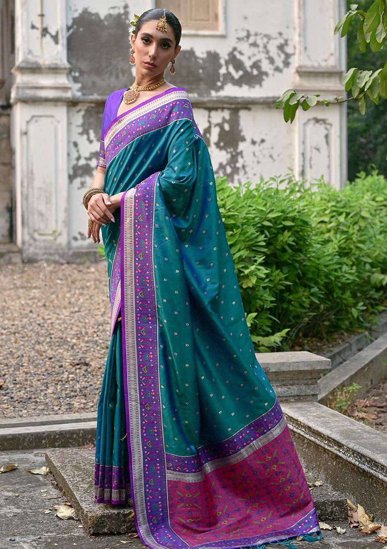 Rama Blue Zari Embroidered Banarasi Silk Saree Set