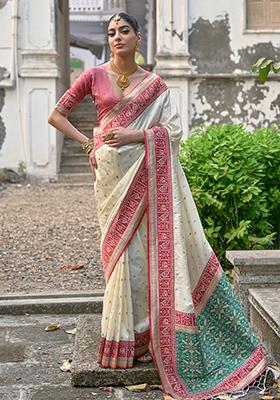 White Zari Embroidered Banarasi Silk Saree Set