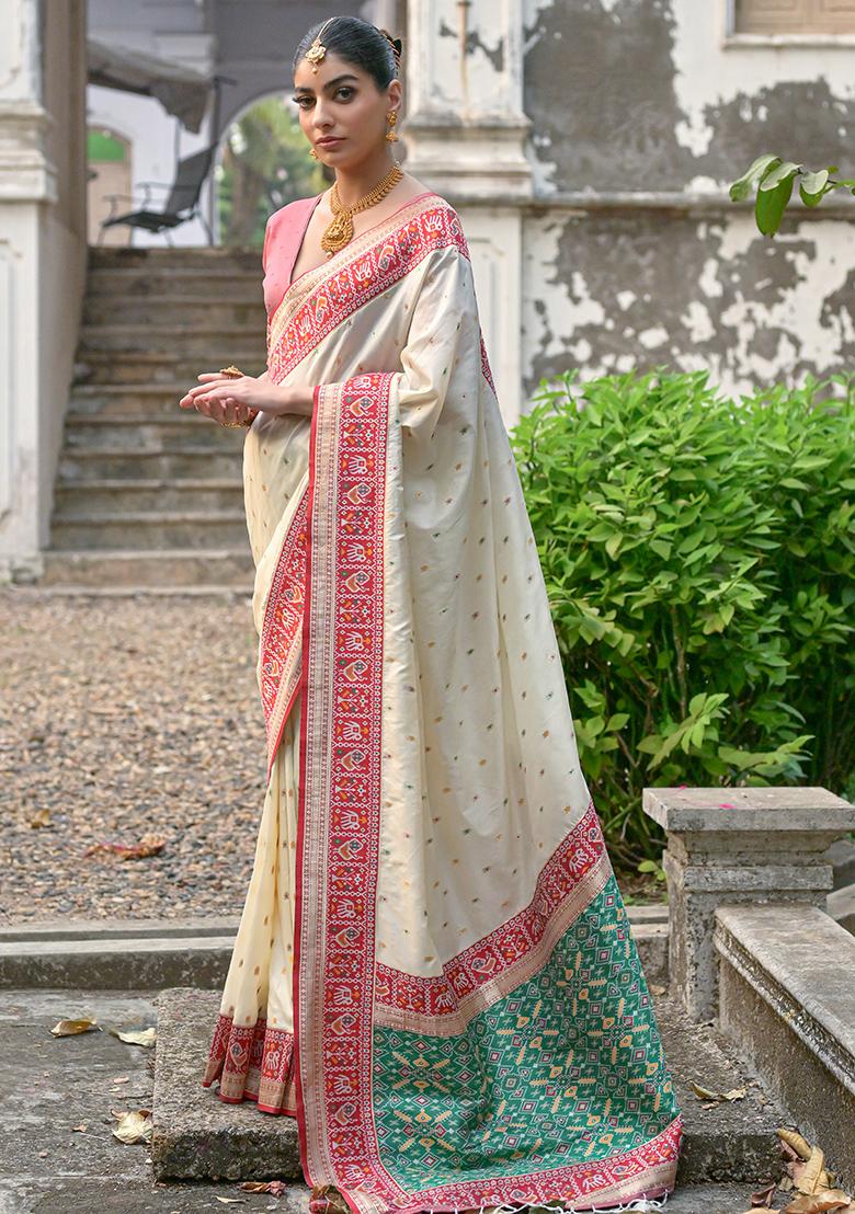White Zari Embroidered Banarasi Silk Saree Set