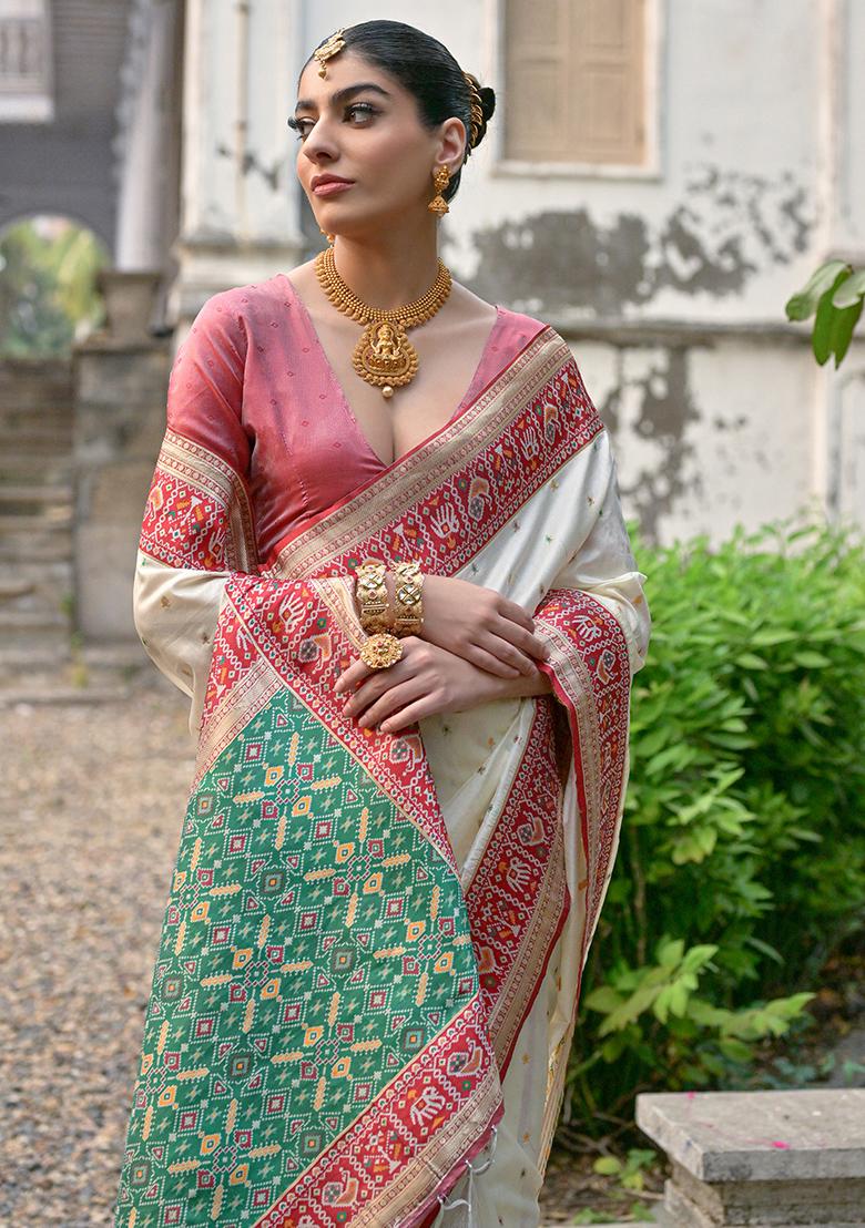 White Zari Embroidered Banarasi Silk Saree Set