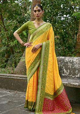 Yellow Zari Embroidered Banarasi Silk Saree Set