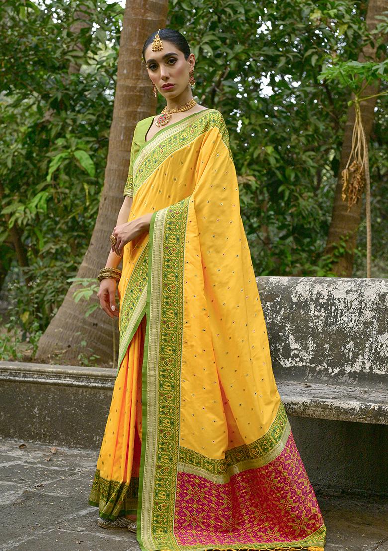 Yellow Zari Embroidered Banarasi Silk Saree Set