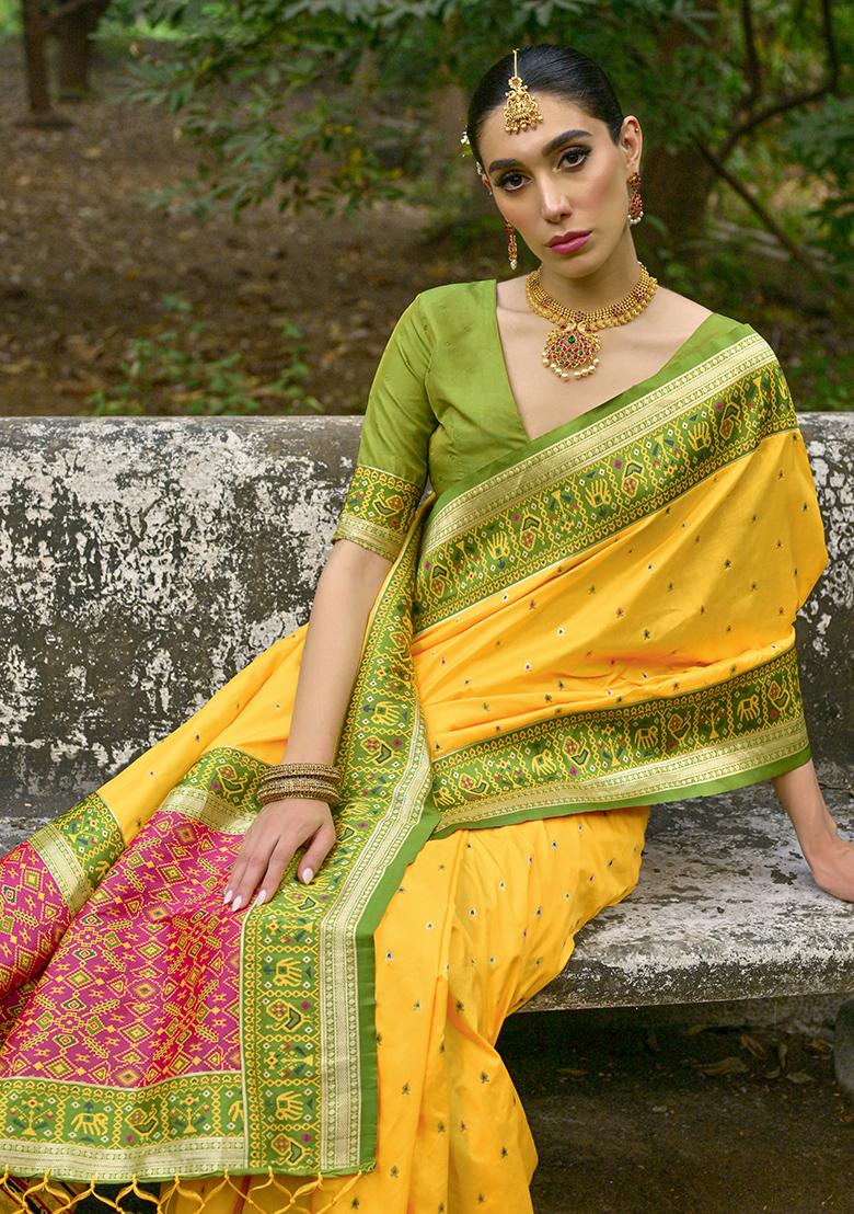 Yellow Zari Embroidered Banarasi Silk Saree Set