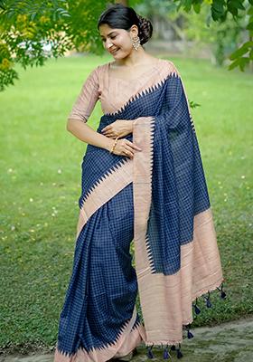 Blue Checked Tussar Silk Saree Set