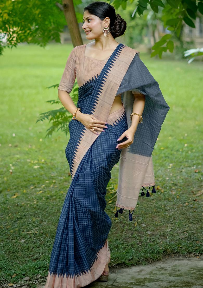 Blue Checked Tussar Silk Saree Set
